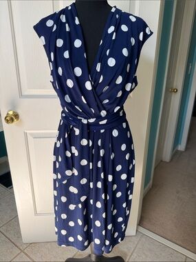 Ann Taylor Navy Blue White Polka Dot Faux Wrap Dress